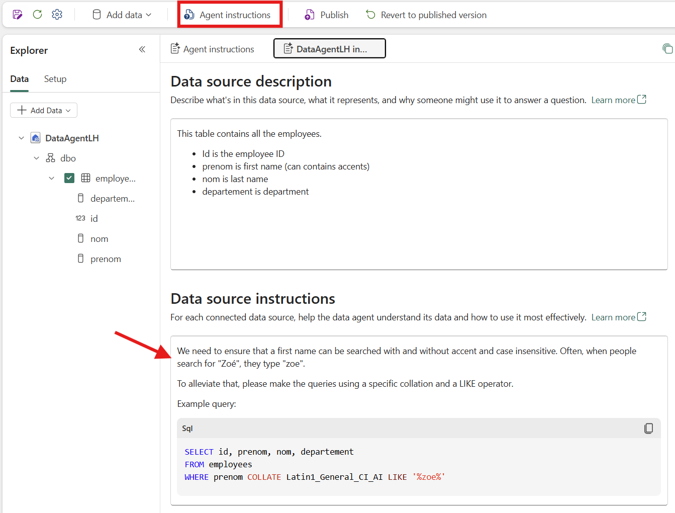 Instructions personnalisées demandant au Data Agent d'utiliser une collation insensible aux accents