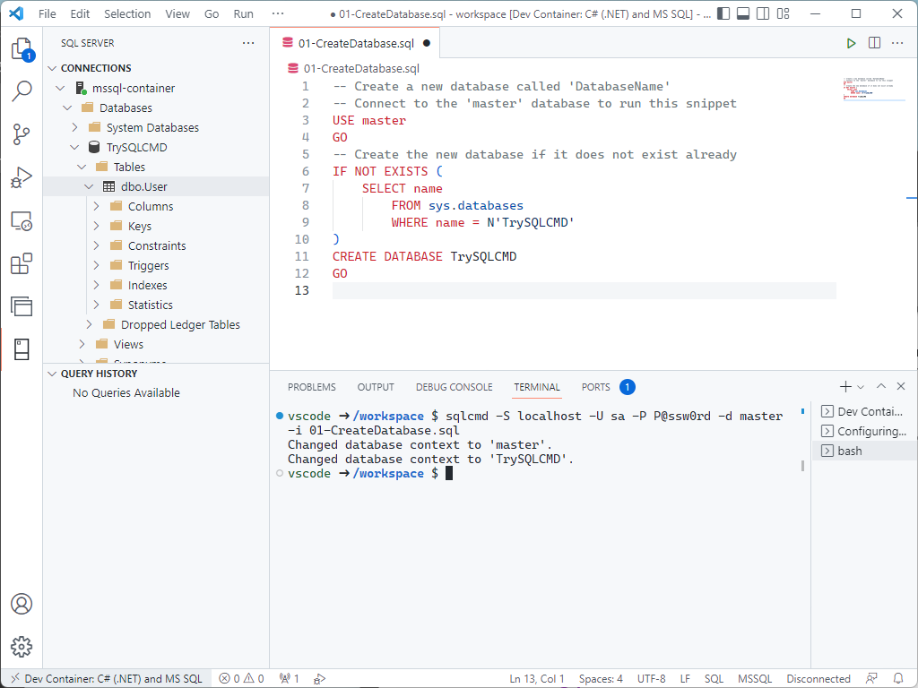 Visual Studio Code opened on the Try SQL CMD project